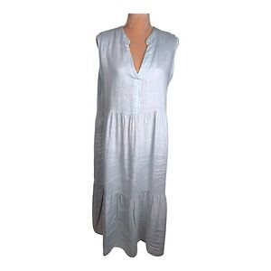 Bellambra Womens Sz M Italy‎ Linen Midi Dress Blue Tiered Ruffle Coastal Luxury